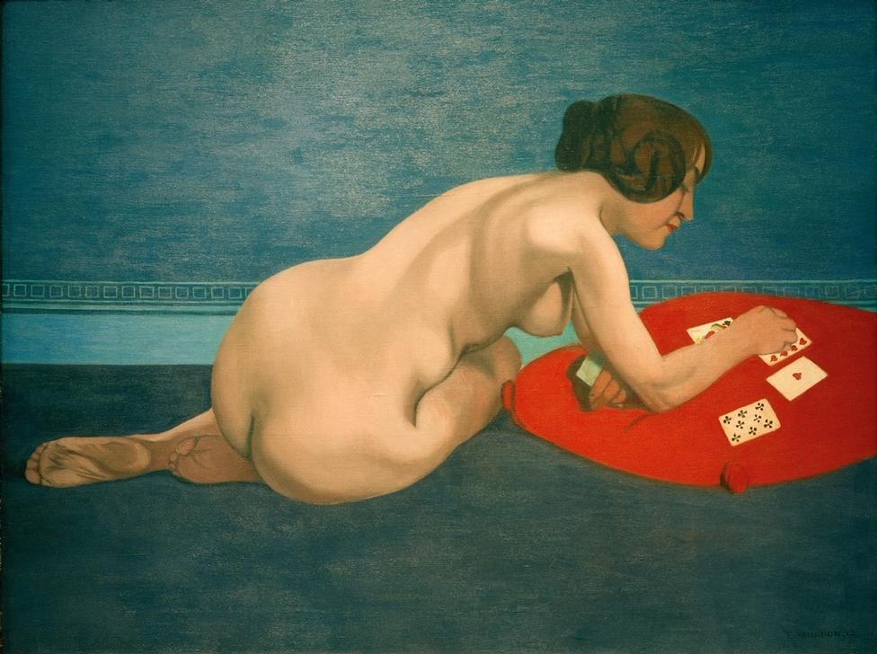 Felix Vallotton, La réussite (Frau,Kartenspiel,Akt,Kissen,Rückenfigur,Französische Kunst,Schweizerische Kunst,Spielkarten,Nabis,Sitzen,Junge Frau,Kauern,Patience,Rot)