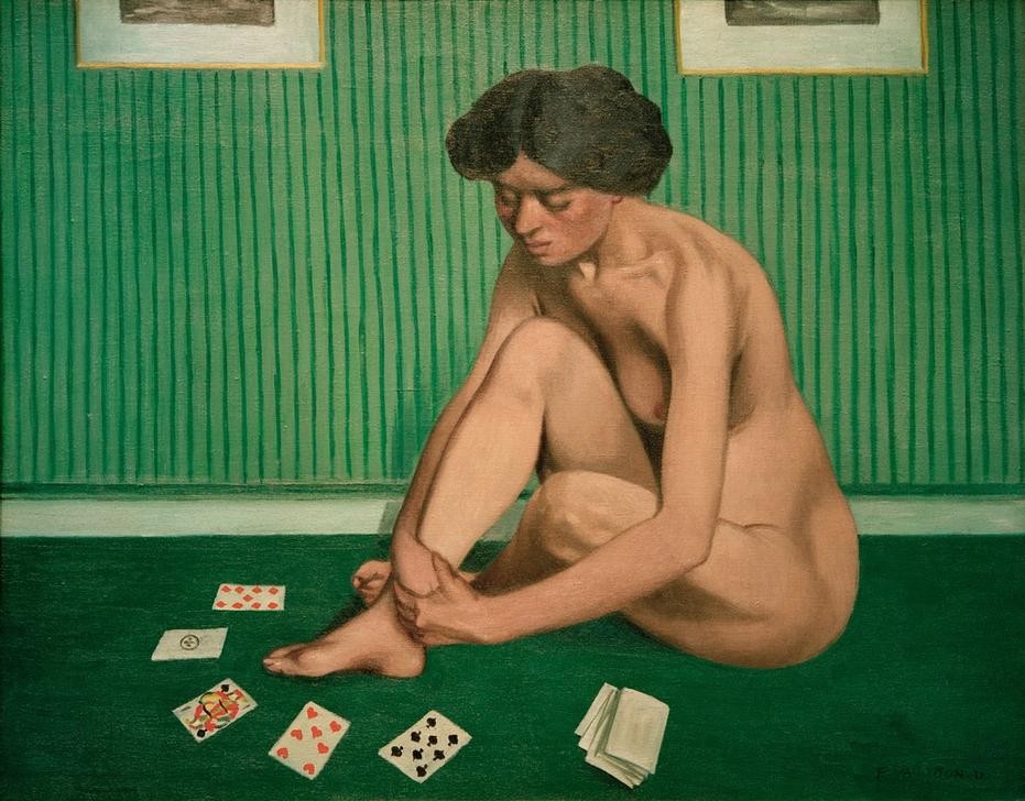 Felix Vallotton, Femme faisant une réussite, chambre verte (Frau,Kartenspiel,Akt,Fussboden,Französische Kunst,Schweizerische Kunst,Spielkarten,Nabis,Grün,Sitzen,Kauern,Patience)