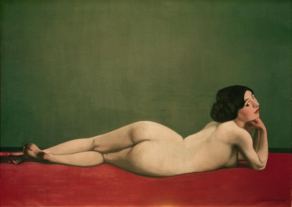 Felix Vallotton, Nu couché au tapis rouge (Erotik,Frau,Teppich,Akt,Po (Gesäss),Rückenfigur,Französische Kunst,Schweizerische Kunst,Nabis,Liegen,Rot,Kopf Stützen)