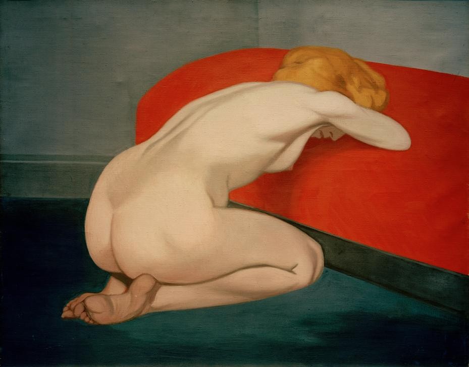 Felix Vallotton, Femme nue agenouillée devant un canapé rouge (Frau,Akt,Po (Gesäss),Rückenfigur,Sofa,Französische Kunst,Fuss,Schweizerische Kunst,Nabis,Knien,Kauern,Rot,Ganzfigurig,Canape)