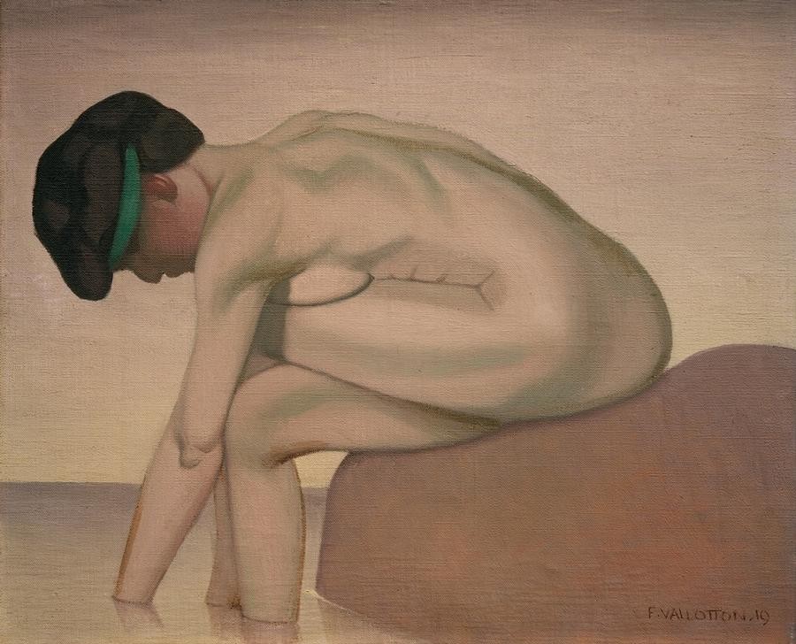 Felix Vallotton, Baigneuse assise de profil sur un rocher (Bad Im Freien,Bad,Frau,Gewässer,Akt,Felsen,Französische Kunst,Schweizerische Kunst,Profil,Nabis,Sitzen,Haarband)
