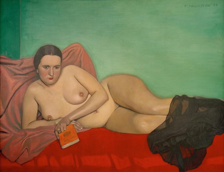Felix Vallotton, Femme nue tenant un livre (Buch,Frau,Kunst,Literatur,Akt,Lesen (Allgemein),Französische Kunst,Schweizerische Kunst,Nabis,Leserin,Mittelscheitel,Liegen,Faltenwurf,Tuch)