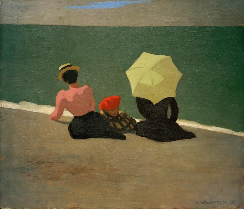 Felix Vallotton, Sur la plage (Frau,Gruppenbild,Kunst,Freizeit,Seebad,Strand,Meer,Reise,Sonnenschirm,Rückenfigur,Französische Kunst,Schweizerische Kunst,Frauenleben,Nabis,Sitzen,Aussicht)