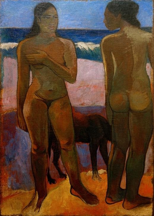 Paul Gauguin, Zwei Tahitianerinnen am Strand (Bad Im Freien,Frau,Küste,Strand,Völkerkunde,Naturvölker,Akt,Schwarze,Rückenakt,Französische Kunst,Scham,Nacktheit,Exotik,Welle,Tier,Synthetismus,Ganzfigurig,Land Und Leute)