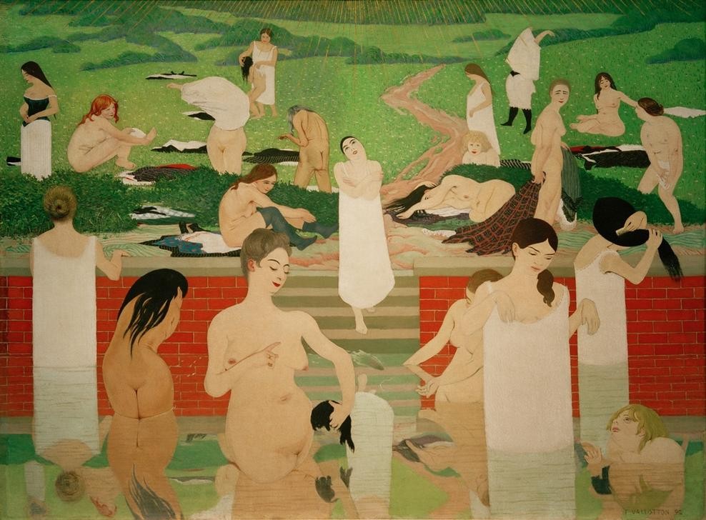 Felix Vallotton, Le bain au soir d’été (Bad Im Freien,Bad,Frau,Freizeit,Symbolismus,Akt,Wiese,Französische Kunst,Schweizerische Kunst,Unterhemd,Frauenleben,Nabis,Symbolik)