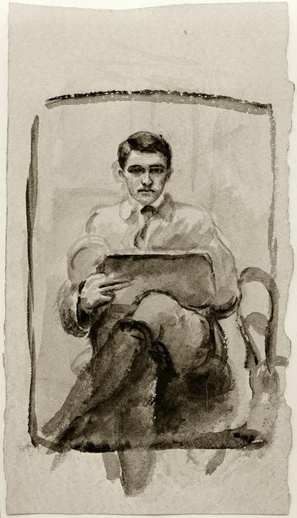 August Macke, Selbstbildnis, zeichnend (Deutsche Kunst,Maler (Künstler),Mann,Spiegel,Selbstbildnis,Künstler Bei Der Arbeit,Spiegelung,Portrait,Expressionismus,Der Blaue Reiter,Zeichnen,Sitzen,Jahrhundertwende,Beine (Übereinandergeschlagen),Person,Junger Mann)