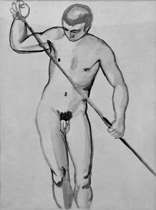 August Macke, Männlicher Akt (Fährmann) (Deutsche Kunst,Mann,Akt,Expressionismus,Der Blaue Reiter,Fährmann,Nacktheit,Staken,Junger Mann)