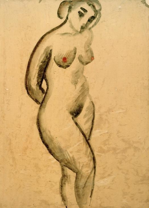 August Macke, Weiblicher Akt, stehend (Deutsche Kunst,Frau,Akt,Expressionismus,Der Blaue Reiter,Nacktheit,Brustwarze)