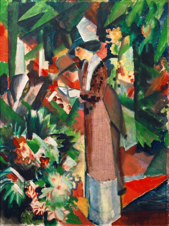 August Macke, Spaziergang in Blumen (Park, Blumen, Spaziergang, Paar, Freizeit, Malerei, Expressionismus, Wohnzimmer, Treppenhaus, Klassische Moderne, Wunschgröße, bunt)