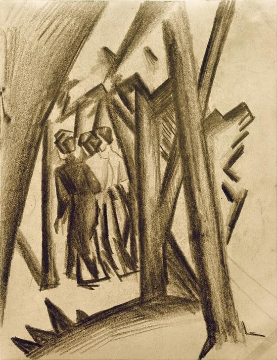 August Macke, Drei Mädchen im Wald (Deutsche Kunst,Frau,Kunst,Mädchen,Freizeit,Spaziergang,Wald,Angst,Expressionismus,Reise,Der Blaue Reiter,Rückenfigur,Düster,Unheimlich,Junge Frau)