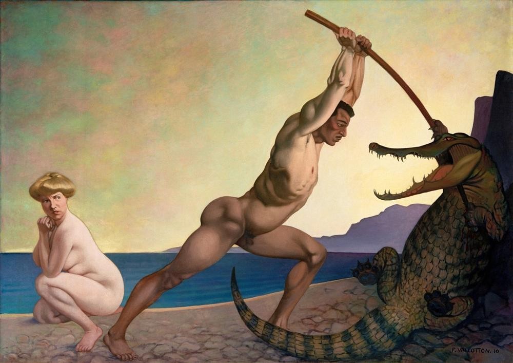 Felix Vallotton, Persée tuant le dragon (Frau,Mann,Mythologie,Akt,Angst,Kampf Zwischen Mensch Und Tier,Lanze,Gefangenenbefreiung,Befreiung (Gefangenschaft),Französische Kunst,Nabis,Hocken,Gefangene,Drache (Fabelwesen),Griechisch-Römische Mythologie)