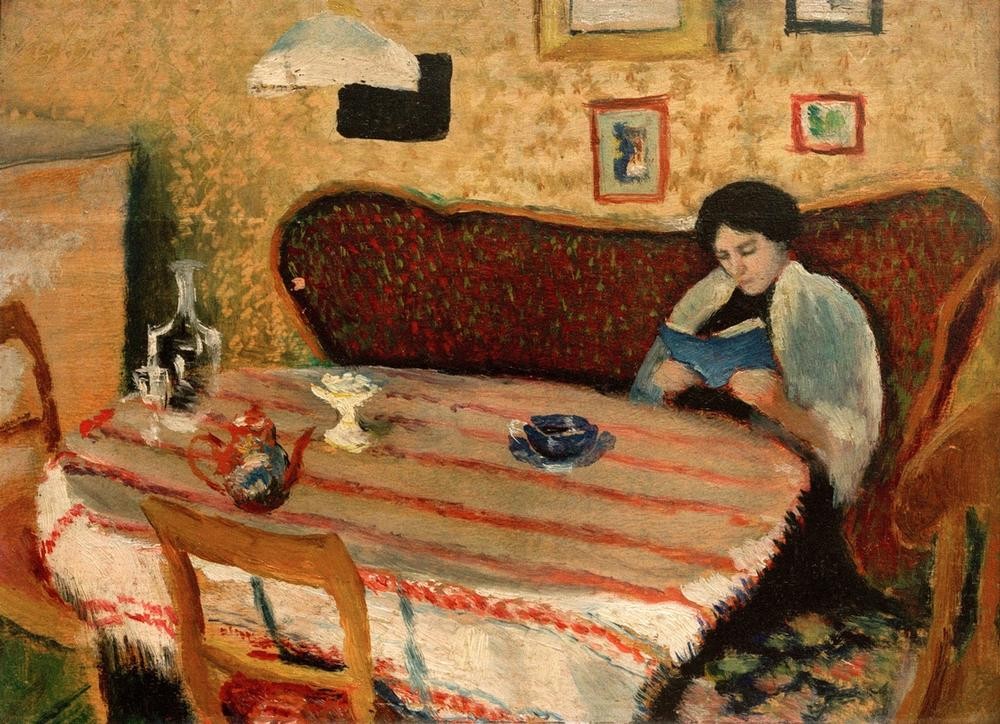 August Macke, Unser Wohnzimmer in Tegernsee (Gattin, Ehefrau, Buch, Lesen, Interieur, Zimmer, Sofa,   Entspannung, Wochenende, Persönlichkeiten, Malerei, Expressionismus, Wohnzimmer, Treppenhaus, Klassische Moderne, Wunschgröße, bunt)