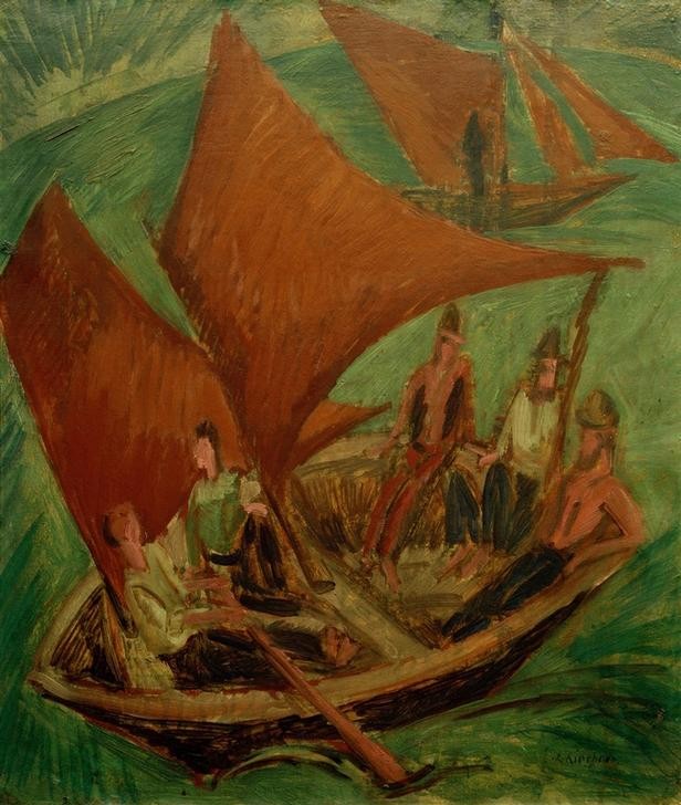 Ernst Ludwig Kirchner, Fischerboote (Arbeiter,Arbeit,Deutsche Kunst,Fischer,Fischerei,Kunst,Rudern,Schiffstypen,Fischerboot,Segelboot,Expressionismus,Die Brücke,Ruder,Fischkutter,Zweimaster (Schiff),Fischfang,Schifffahrt)