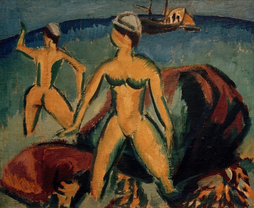 Ernst Ludwig Kirchner, Badende (Fehmarn) (Bad Im Freien,Bad,Boot,Deutsche Kunst,Freikörperkultur,Frau,Kunst,Freizeit,Sommer,Urlaub,Meer,Akt,Expressionismus,Reise,Die Brücke,Badekappe,Im Freien (Allgemein),Nacktheit,Horizont)