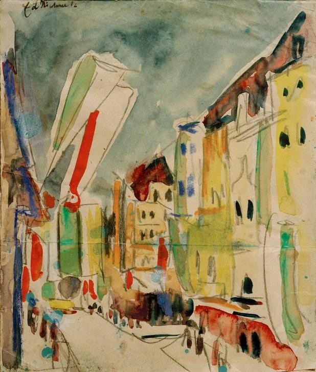 Ernst Ludwig Kirchner, Straßenszene mit Fahnen (Architektur,Deutsche Kunst,Kunst,Strasse (Allgemein),Strassenszene,Wohnhaus (Allgemein),Expressionismus,Architekturdarstellung,Die Brücke,Jahrhundertwende,Fahne)