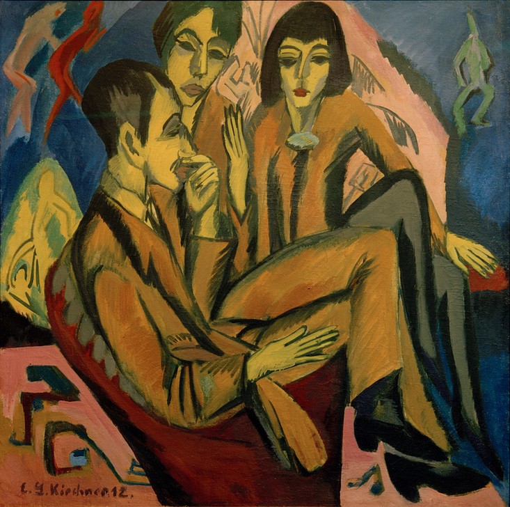 Ernst Ludwig Kirchner, Künstlergruppe (Unterhaltung der Künstler) (Deutsche Kunst,Frau,Gesellschaftliches Leben,Gesellschaft,Gruppenbild,Künstler,Kunst,Mann,Freizeit,Expressionismus,Die Brücke,Sessel,Sitzen,Geselliges Beisammensein,Unterhaltung (Gespräch))