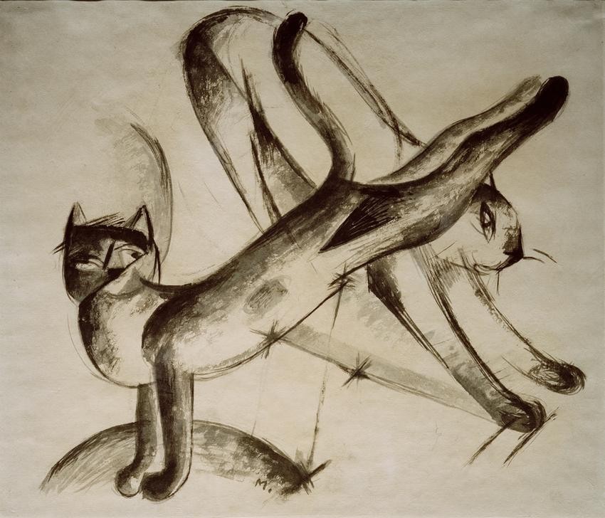 Franz Marc, Spielende Katzen (Deutsche Kunst,Katze (Tier),Spiel,Zoologie,Expressionismus,Der Blaue Reiter,Haustier,Tierleben,Tier,Sprung)