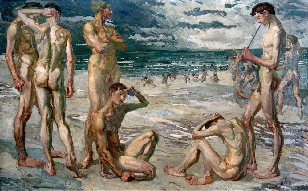 Max Beckmann, Junge Männer am Meer (Männer, Badende, Nudisten, nackt, Meer, Strand, Sommer, Expressionismus, Klassische Moderne, Malerei, Wohnzimmer, Treppenhaus, Wunschgröße, bunt)