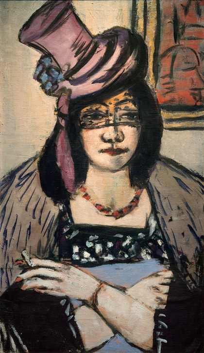 Max Beckmann, Dame mit Hut und Schleier (Bildnis, Portrait, Dame, Hut, Schleier, Mode, Klassische Moderne, Malerei, Expressionismus, Mensch und Gesellschaft, Wunschgröße, Wohnzimmer, bunt)