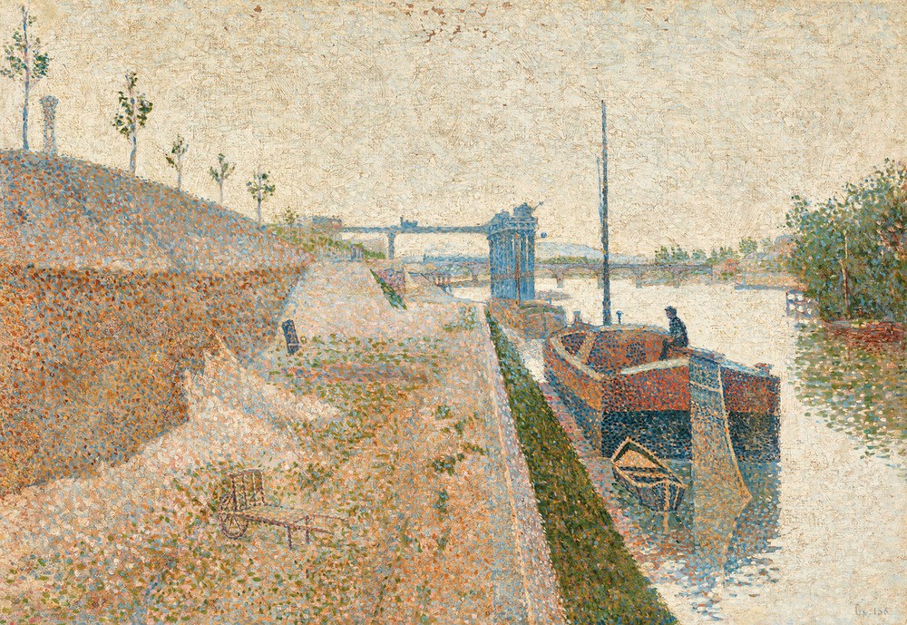 Paul Signac, Quai de Clichy (Boot,Landschaft,Impressionismus,Fluss,Pointillismus,Französische Kunst,Ufer,Quai,Raubkunst)