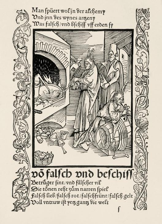 Albrecht Dürer, Der Alchimist als Narr (Alchemie,Betrug,Deutsche Kunst,Feuerstelle,Satire,Alchemist,Karikatur,Literatur,Narr,Werkstatt (Allgemein),Gotik,Allegorie,Humanismus,Brennofen,Illustration,Narrenkappe,Betrüger,Buchillustration,Person,Frührenaissance,Kamin,Morallehre)