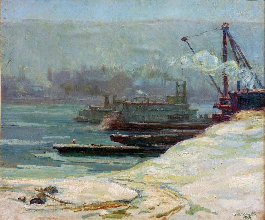William J. Hyett, Flusslandschaft (EISEN UND STAHL, GEOGRAPHIE, HAFEN, VERHÜTTUNG, INDUSTRIE, JAHRESZEITEN, KRAN, KUNST, LANDSCHAFT, SCHIFF, WINTER, SCHNEE, FLUSS, TECHNIK, AMERIKANISCHE KUNST, US-AMERIKANISCHE KUNST, UFER, SCHLEPPER, STAHLWERK, INDUSTRIELANDSCHAFT, METALLVERARBEITUNG, TOP)