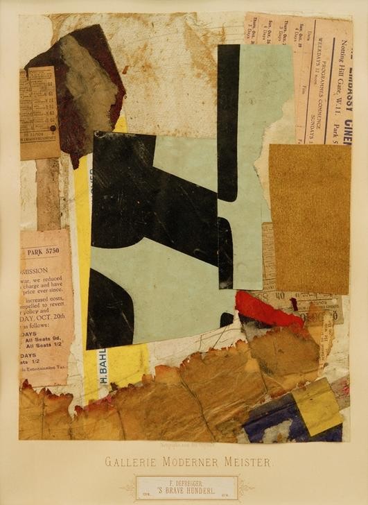 Kurt Schwitters, 's brave Hunderl (Klassische Moderne, Malerei, Abstrakt, Collage,    geometrische Formen, Papierschnipsel, Dadaismus, Wohnzimmer, Treppenhaus, Wunschgröße,  bunt)