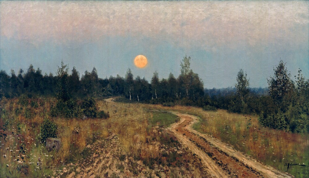 Isaak Iljitsch, Der stille Weg  (Landschaft, Landschaftsmalerei, Abendszene, Vollmond, Feldweg, Heide, Klassiker, Wunschgröße, Wohnzimmer,)