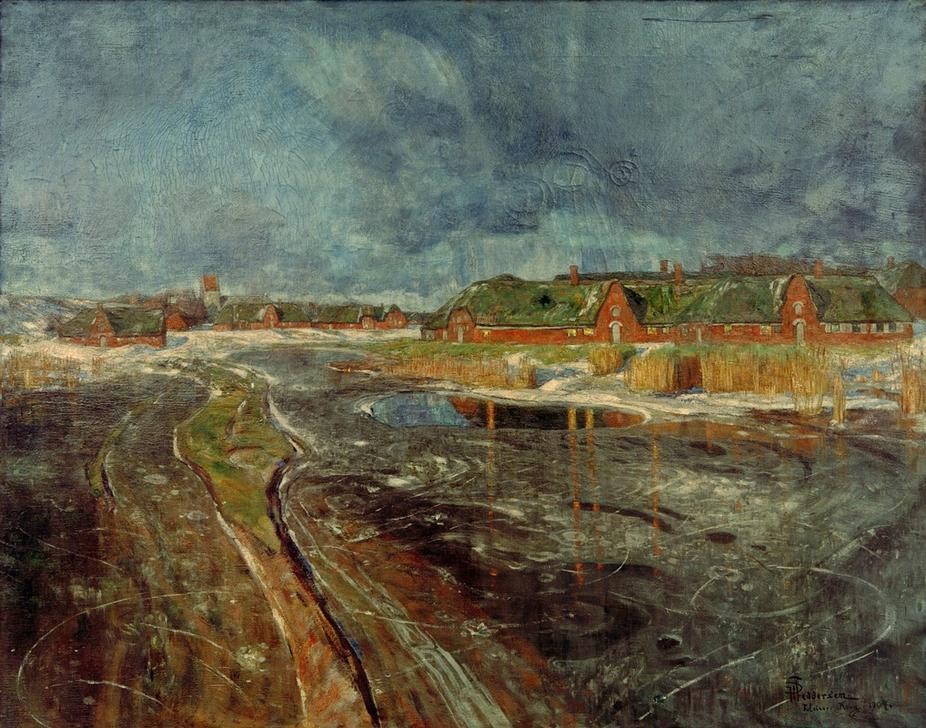 Hans Peter Fedderson, Winter in Nordfriesland (Landschaft, Landschaftsmalerei, Freisland, Eisfläche, Tümpel, Dorf, Norddeuschland, Expressionismus, Wunschgröße, Wohnzimmer, Klassiker)