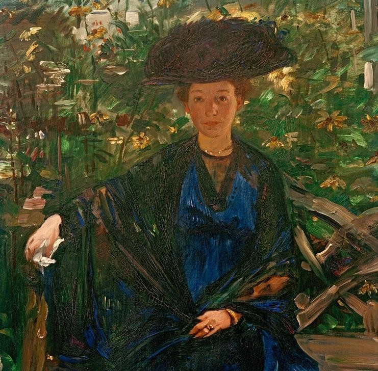 Lovis Corinth, Else Kaumann auf der Gartenbank (Deutsche Kunst,Frau,Kunst,Mensch,Bank (Sitzgelegenheit),Impressionismus,Hut,Portrait,Stola,Menschen Im Garten,Sonnenlicht,Blau,Sitzen,Licht Und Schatten,Junge Frau,Ganzfigurig,Ausschnitt,Garten)