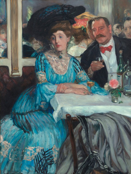 William Glackens, Bei Mouquin's (Damenhut,Damenmode,Frau,Gesellschaft,Kunst,Mann,Mode,Spiegel,Wein,Hut,Tisch,Amerikanische Kunst,Us-Amerikanische Kunst,Kleidung (Allgemein),Getränk,Innenansicht,Zuschauen,Blau,Sitzen,Jahrhundertwende,Unterhaltung (Entertainment))