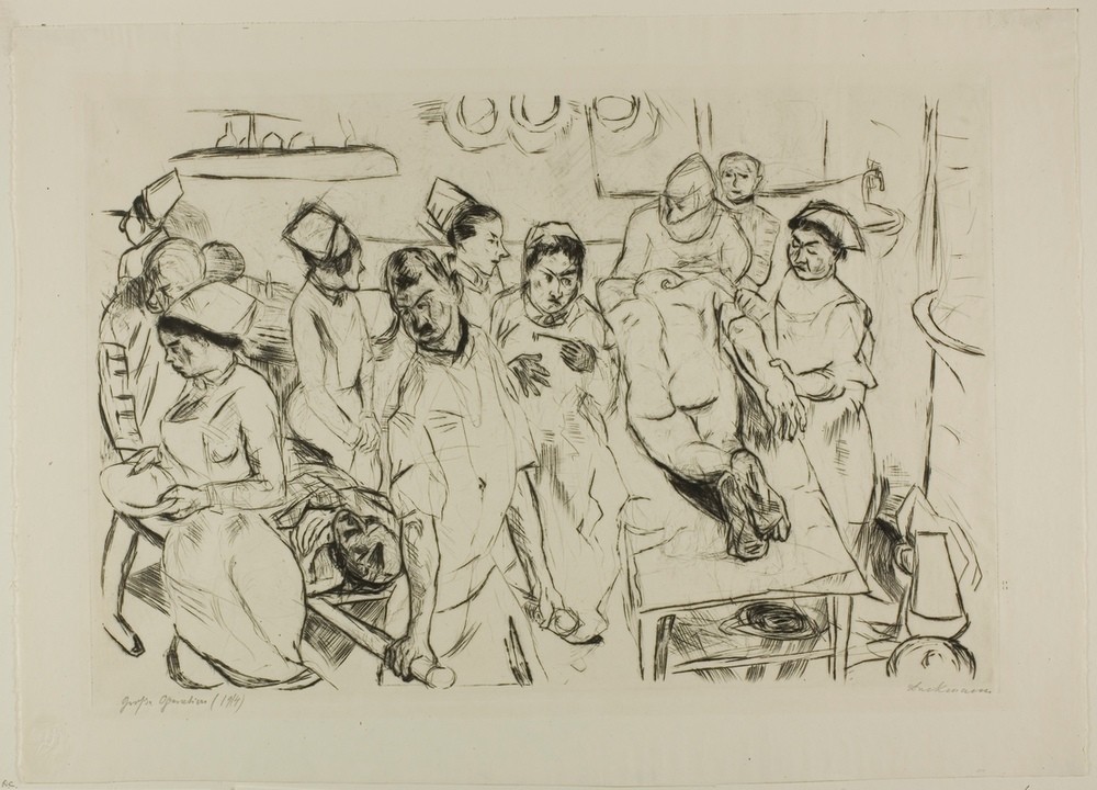 Max Beckmann, The Large Operation, plate eighteen from Gesichter (Klassische Moderne, Kreidezeichnung, Gesichter-  Zyklus, Expressionismus, Menschen, kantig, kubistisch, schonungslos, Ärzte, Schwestern, Patienten, Verletzte,  Wunschgröße, Wohnzimmer, schwarz/weiß)
