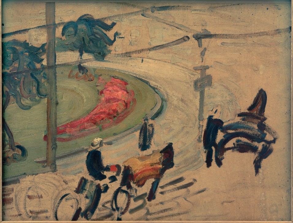 Anton Albers d.J., Droschkenhalteplatz in Bremen (Deutsche Kunst,Droschke,Kunst,Mensch,Pferd (Tier),Pferdewagen,Stadt,Strasse (Allgemein),Strassenszene,Verkehr,Platz,Impressionismus,Vogelschau,Stadtverkehr,Tier,Haltestelle)