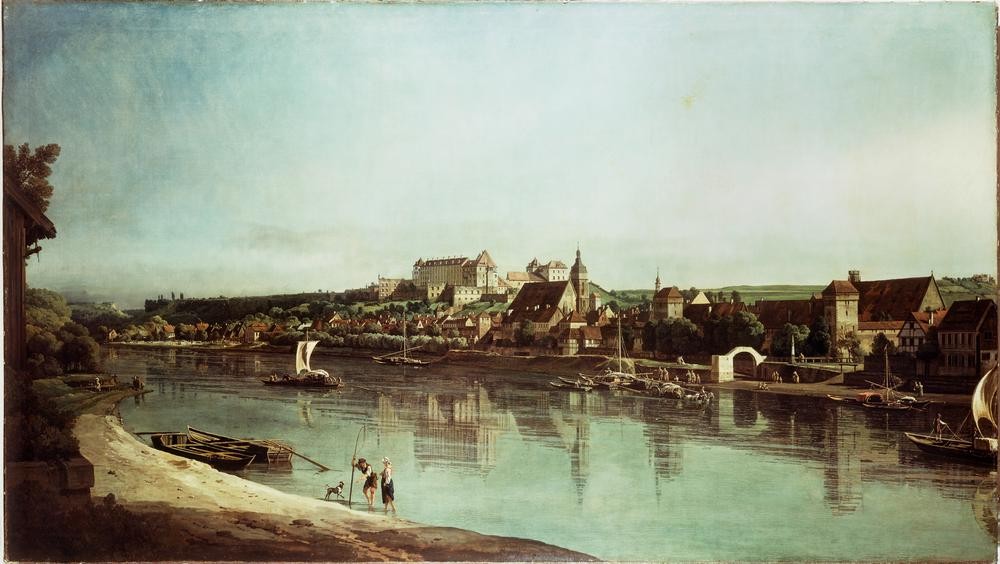Bernardo Bellotto, Pirna vom rechten Elbufer bei Copitz unterhalb der Stadt (Städte, Pirna, Fluss, Elbe, Vedute, Stadtansicht, historisch, Malerei, Rokoko, Wohnzimmer, Wunschgröße, Klassiker, bunt)
