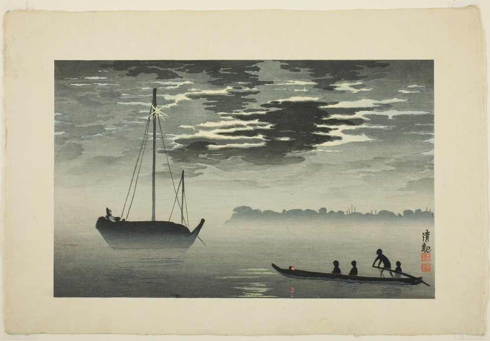 Kiyochika Kobayashi, Unbekannt  (Dunst, Dämmerung, Meer, Boote, wolken, Holzschnitt, japanische Kunst, Asiatische Kunst, Klassiker, Wunschgröße, Treppenhaus, Wohnzimmer, grau)
