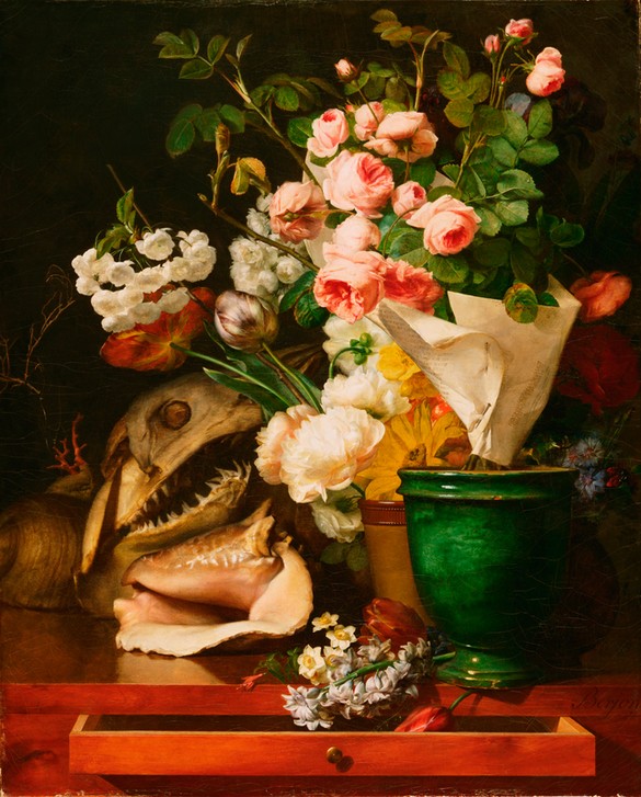 Antoine Berjon, Stillleben mit Blumen, Muscheln, Haikopf (Biologie,Botanik,Kunst,Möbel,Rose,Tisch,Fisch,Stillleben,Schädel,Vanitas,Blumenstrauss,Muschel,Topfpflanze,Französische Kunst,Hai,Koralle,Knochen,Tier,Kopf,Blume,Fossilien,Topfblume,Blumentopf,Schublade,Pflanze)
