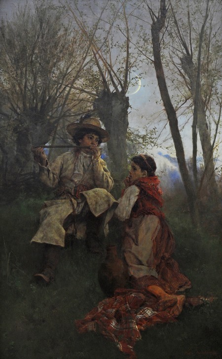 Witold Pruszkowski, Schäferszene, 1880 (Gesellschaft,Geschichte,Kind,Kunst,Wald,Symbolismus,Pastorale,Feld,Natur,Malen,Europäer (F M),Pfahl,Flöte)