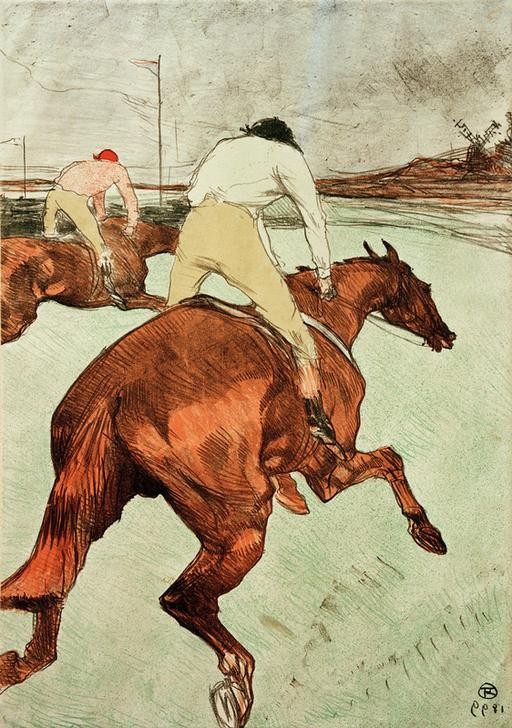 Henri de Toulouse-Lautrec, Le Jockey (Jugendstil,Kunst,Pferdesport,Pferd (Tier),Rennbahn,Sport,Reiter,Jockey,Französische Kunst,Tierleben,Pferderennen,Belle Epoque,Fin De Siecle,Tier,Reiten,Monogramm,Jahrhundertwende,Reitpferd,Bewegungsablauf,Bewegung,Mensch Und Tier,Geschwindigkeit)