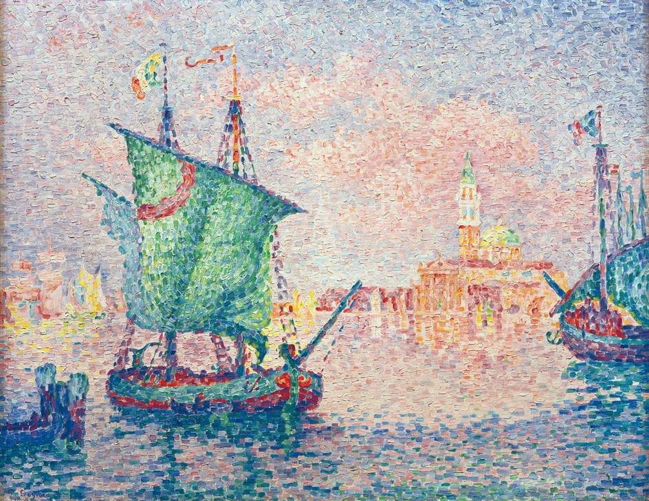 Paul Signac, Venedig, die rosa Wolke (Architektur,Boot,Geographie,Kanal,Kirche,Kunst,Meteorologie,Schiff,Schiffsanlegestelle,Schiffstypen,Segelschiff,Stadt,Turm,Wolke,Segelboot,Pointillismus,Campanile,Vedute,Marinemalerei,Lagune,Stadtansicht,Architekturdarstellung,Französische Kunst,Binnensch)