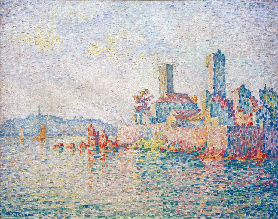 Paul Signac, Antibes, die Türme (Geographie,Kirche,Kunst,Landschaft,Stadt,Turm,Meer,Pointillismus,Vedute,Stadtansicht,Architekturdarstellung,Französische Kunst,Ansicht,Kirchturm,Topographie,Süden,Postimpressionismus,Signatur)