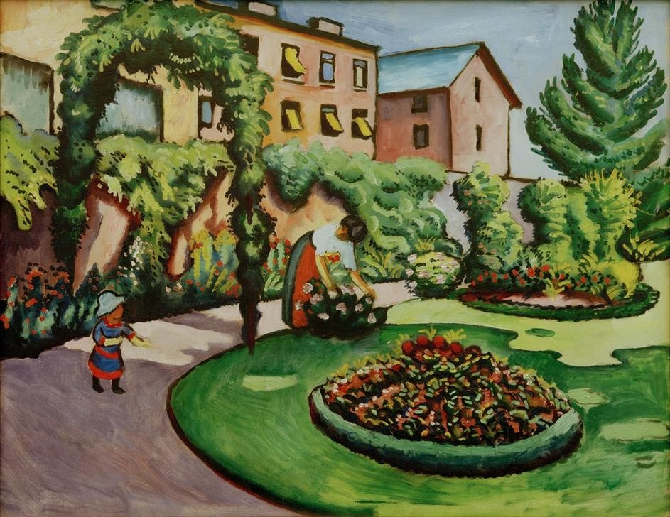 August Macke, Der Macke’sche Garten in Bonn (Künstlerfamilie, Haus, Wohnsitz, Frau, Garten, Kind, Gartenarbeit, Blumenbeet, Beet, Menschen,  Wohnzimmer, Treppenhaus, Expressionismus,  Klassische Moderne, Malerei, Wunschgröße, bunt)