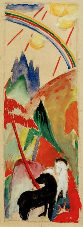 Franz Marc, Schwarzes und weißes Pferd in Gebirgslandschaft mit Regenbo (Deutsche Kunst,Gebirge,Kunst,Landschaft,Pferd (Tier),Zoologie,Regenbogen,Expressionismus,Der Blaue Reiter,Tier,Naturschauspiel)