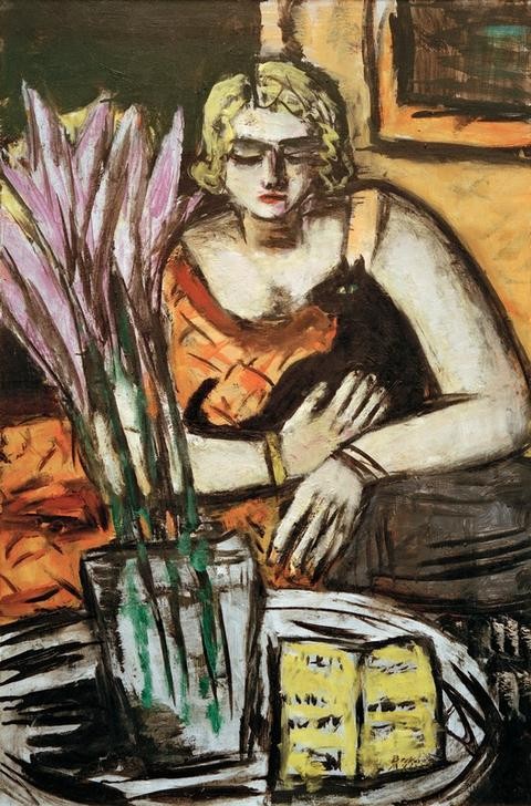 Max Beckmann, Frau mit Katze (Portrait, Frau, Katze, Stillleben, Blumen, Klassische Moderne, Malerei, Expressionismus, Mensch und Gesellschaft, Wunschgröße, Wohnzimmer, bunt)
