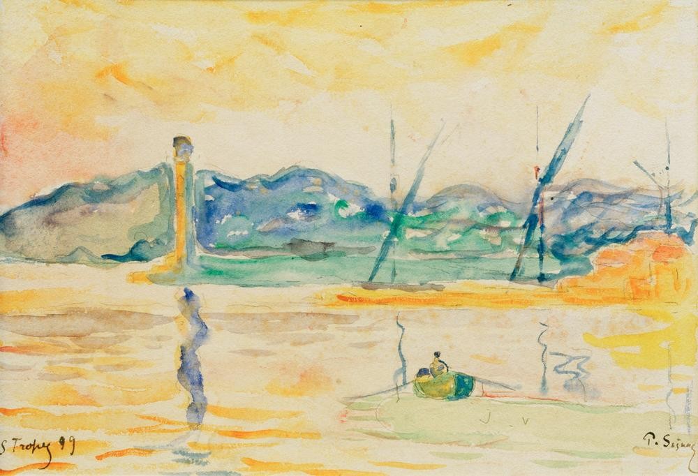 Paul Signac, Hafeneinfahrt von Saint-Tropez bei Sonnenuntergang (Boot,Geographie,Hafen,Leuchtturm,Mole,Ruderboot,Meer,Impressionismus,Spiegelung,Französische Kunst,Topographie)