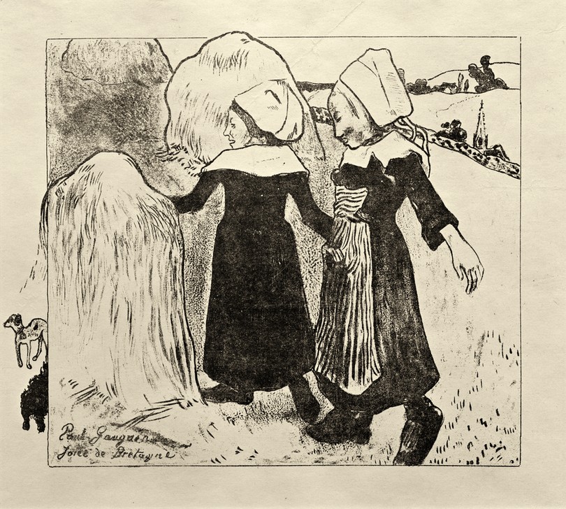 Paul Gauguin, Joies de Bretagne (Freuden der Bretagne) (Frau,Kopfbedeckung,Mädchen,Tracht,Volkskunde,Heu,Bäuerin,Haube,Französische Kunst,Landleben,Kleidung (Allgemein),Heuschober,Frauenleben,Landbevölkerung,Tradition,Junge Frau,Doppelportrait,Synthetismus,Ganzfigurig,Land Und Leute)