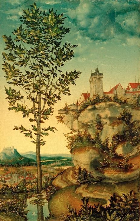 Lucas Cranach der Ältere, Landschaft (Burg (Bauwerk),Deutsche Kunst,Kunst,Landschaft,Stadt,Turm,Tageszeiten,Abend,Renaissance,Baum,Fragment,Felsen,Privatsammlung,Laubbaum,Eckturm,Krakelee,Abendrot)