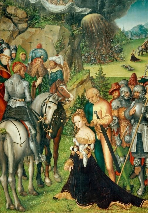 Lucas Cranach der Ältere, Enthauptung der heiligen Katharina (Christentum,Deutsche Kunst,Enthaupten,Frau,Gewitter,Heilige,Hinrichtung,Kunst,Landschaft,Meteorologie,Pferd (Tier),Recht,Regen,Religion,Schwert,Soldat,Tod,Wetter,Wolke,Reiter,Renaissance,Triptychon,Henker,Martyrium,Heiligenlegende,Blitz,Donner,Tier,Märtyr)