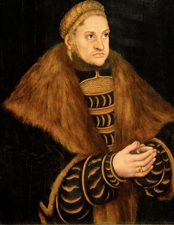 Lucas Cranach der Ältere, Johann der Beständige (Deutsche Kunst,Evangelische Kirche,Gebet,Geschichte,Herrenmode,Kopfbedeckung,Kurfürst,Kunst,Mann,Mode,Bart,Hut,Perle,Renaissance,Triptychon,Hand,Portrait,Stifterbildnis,Fragment,Pelzkragen,Fingerring,Frömmigkeit,Stifter,Protestant,Händefalten,Flügelaltar,)