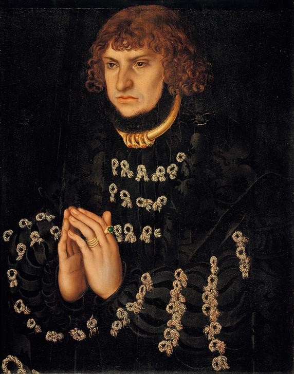 Lucas Cranach der Ältere, Friedrich der Weise (Deutsche Kunst,Evangelische Kirche,Gebet,Geschichte,Herrenmode,Kurfürst,Kunst,Mann,Mode,Reformation,Schmuck,Männerschmuck,Renaissance,Triptychon,Hand,Spitzen,Portrait,Stifterbildnis,Fragment,Halsring,Fingerring,Frömmigkeit,Stifter,Protestant,Händefalten,L)