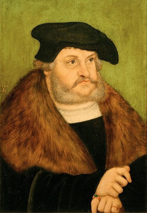 Lucas Cranach der Ältere, Friedrich der Weise von Sachsen (Deutsche Kunst,Evangelische Kirche,Geschichte,Herrenmode,Kopfbedeckung,Kurfürst,Kunst,Mann,Mode,Reformation,Religion,Alter,Bart,Hut,Renaissance,Portrait,Barett,Pelzkragen,Vollbart,Fingerring,Alter Mann,Kragen,Protestant,Halbfigur,Person)